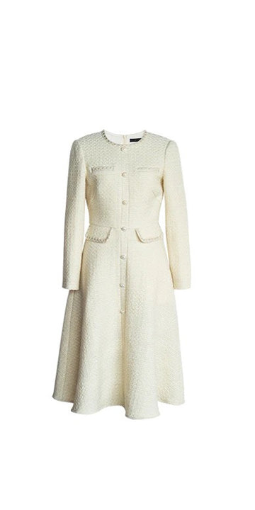 Tweed Midi Dress with Pearl Button